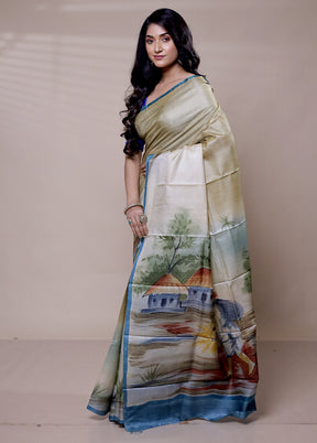 Green Handloom Tussar Pure Silk Saree With Blouse Piece