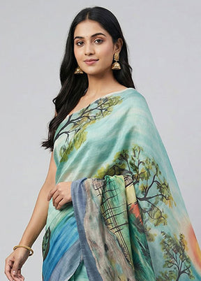 Green Handloom Tussar Pure Silk Saree With Blouse Piece