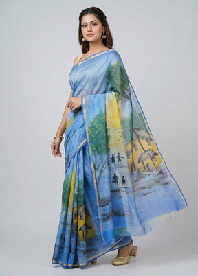 Blue Handloom Tussar Pure Silk Saree With Blouse Piece
