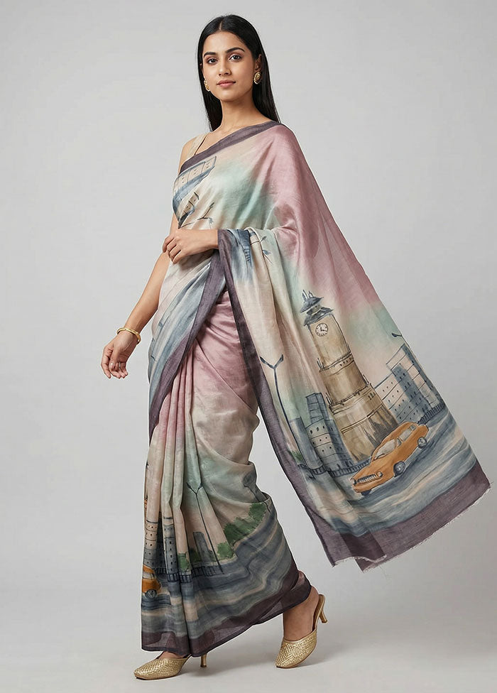 Cream Handloom Tussar Pure Silk Saree With Blouse Piece