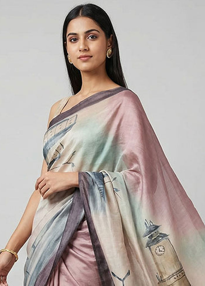 Cream Handloom Tussar Pure Silk Saree With Blouse Piece
