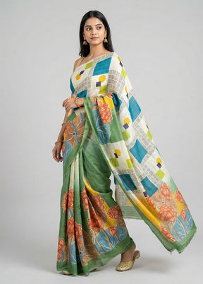 Cream Printed Silk Saree Without Blouse Piece