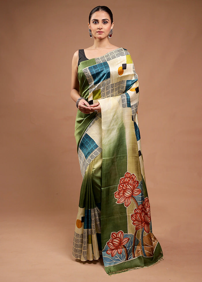 Green Printed Silk Saree Without Blouse Piece