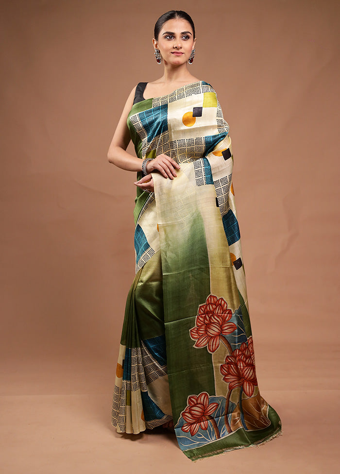 Green Printed Silk Saree Without Blouse Piece