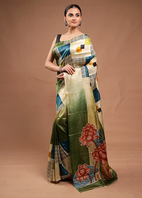 Green Printed Silk Saree Without Blouse Piece