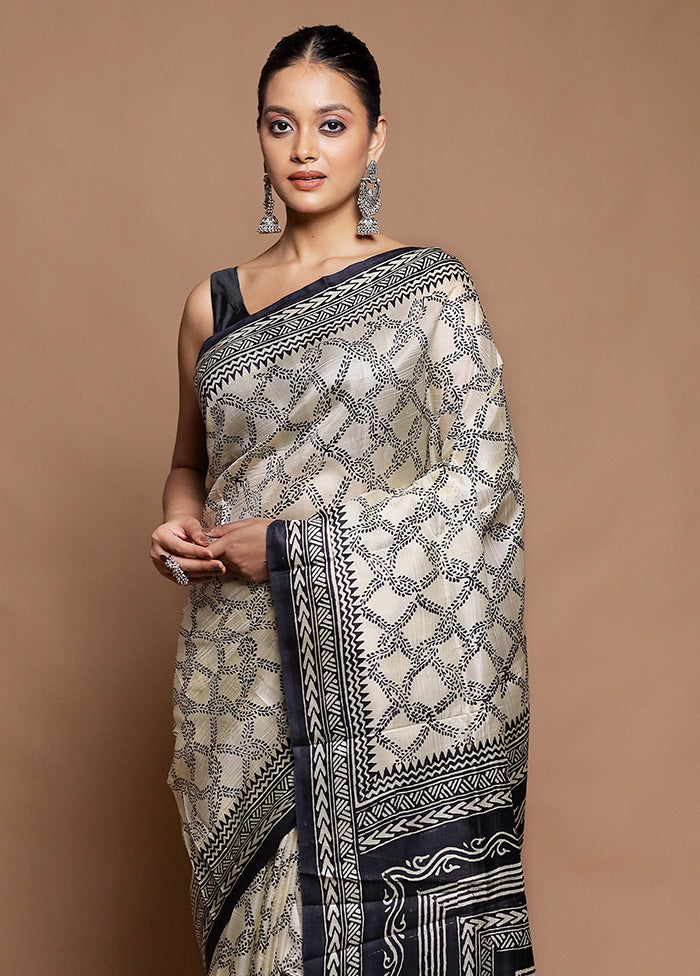Cream Printed Pure Silk Saree Without Blouse Piece