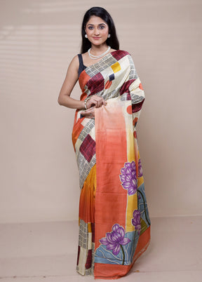 Cream Printed Silk Saree Without Blouse Piece