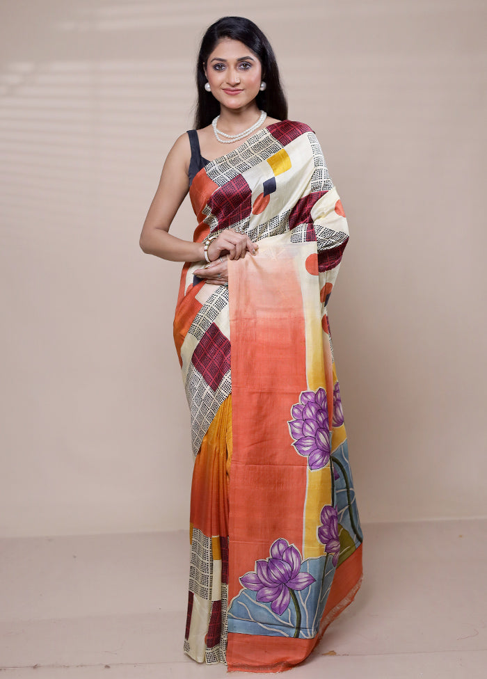 Cream Printed Silk Saree Without Blouse Piece