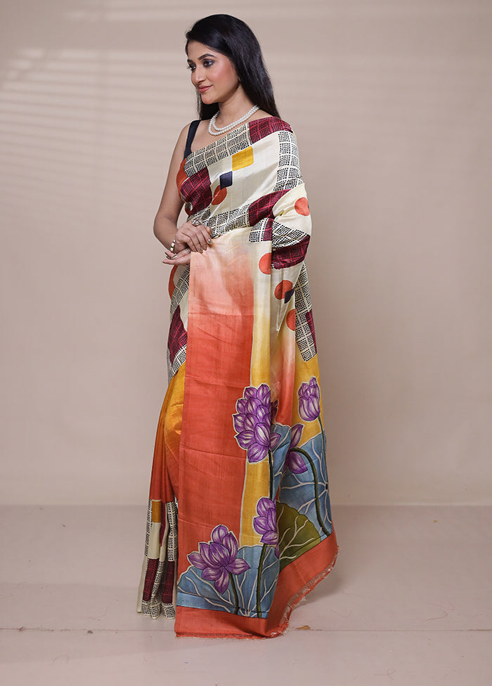 Cream Printed Silk Saree Without Blouse Piece