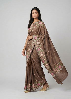Brown Handloom Tussar Pure Silk Saree With Blouse Piece