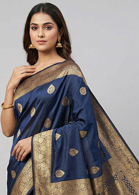 Blue Banarasi Silk Saree With Blouse Piece