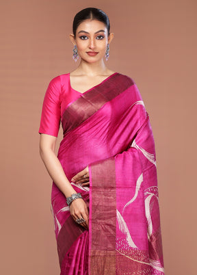 Pink Handloom Tussar Pure Silk Saree With Blouse Piece