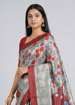 Green Printed Silk Saree Without Blouse Piece