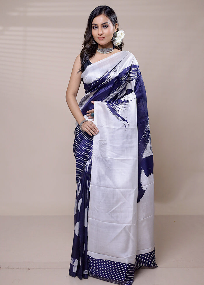 White Printed Silk Saree With Blouse Piece