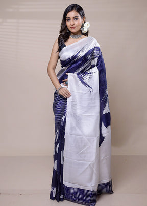 White Printed Silk Saree With Blouse Piece