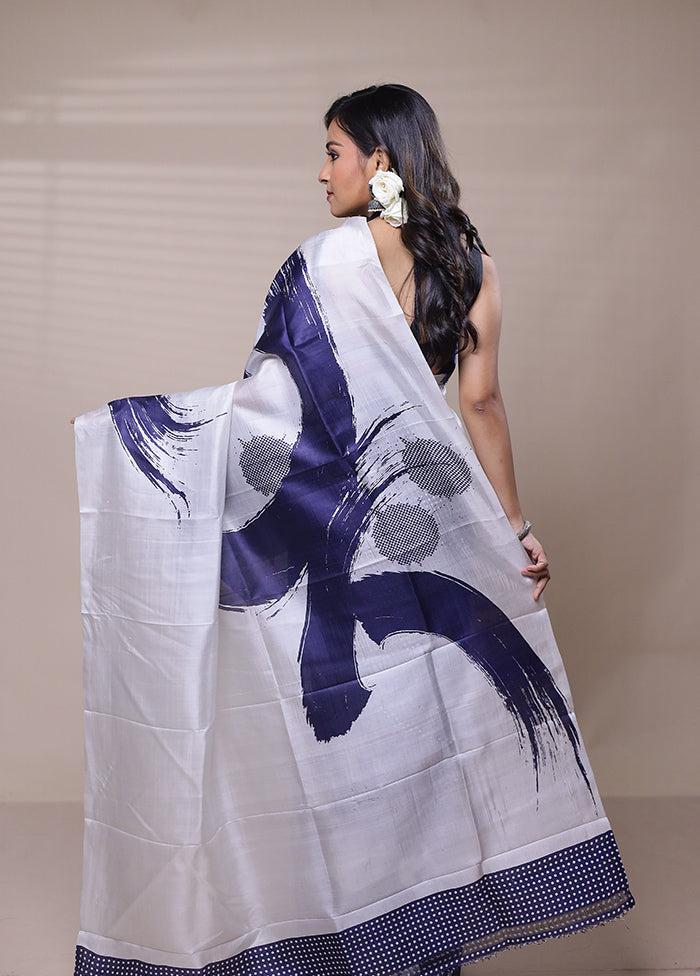 White Printed Silk Saree With Blouse Piece