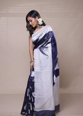 White Printed Silk Saree With Blouse Piece
