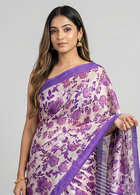 Cream Printed Silk Saree Without Blouse Piece