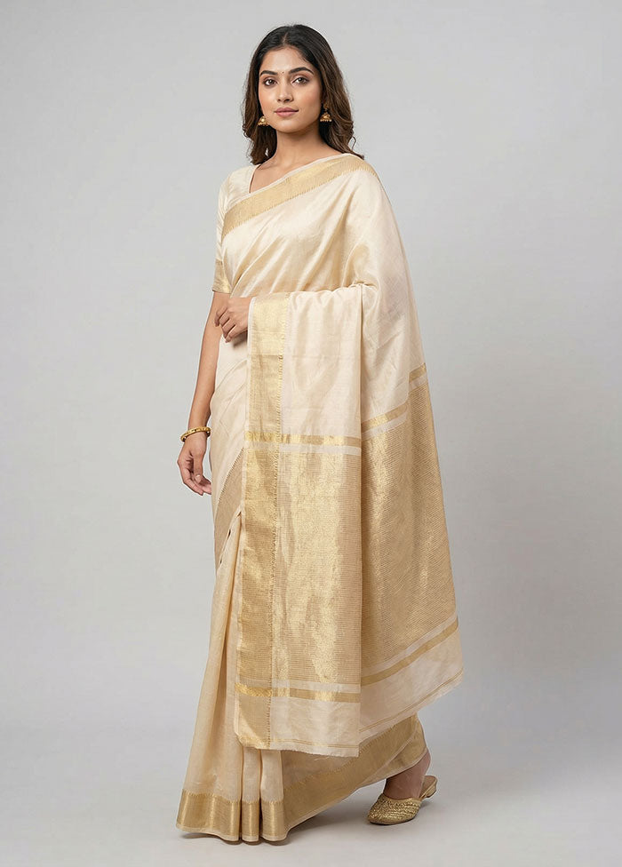 Cream Dupion Silk Saree With Blouse Piece