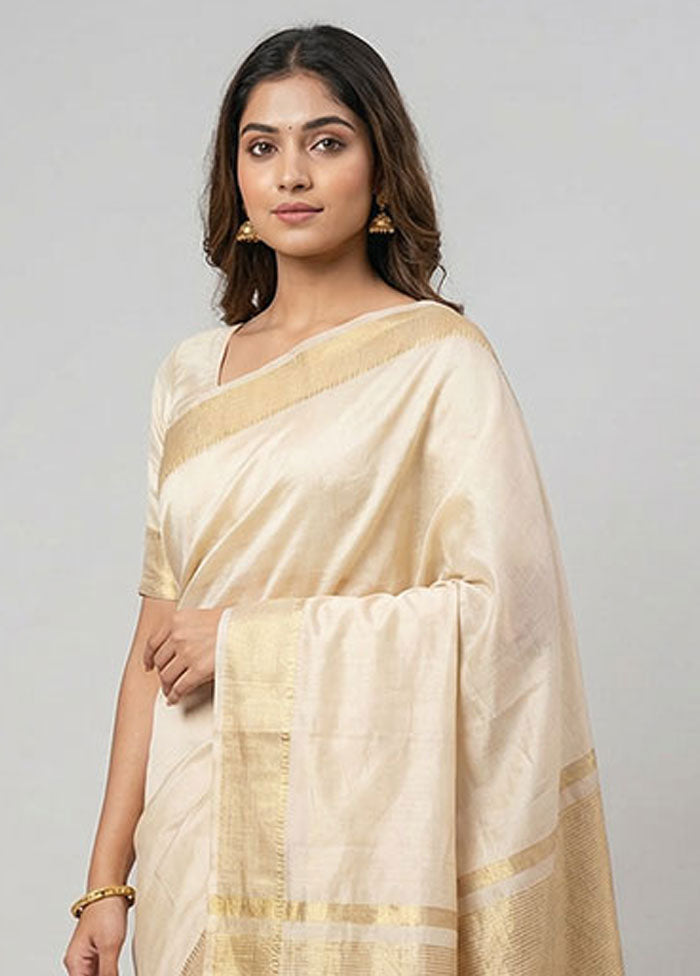 Cream Dupion Silk Saree With Blouse Piece