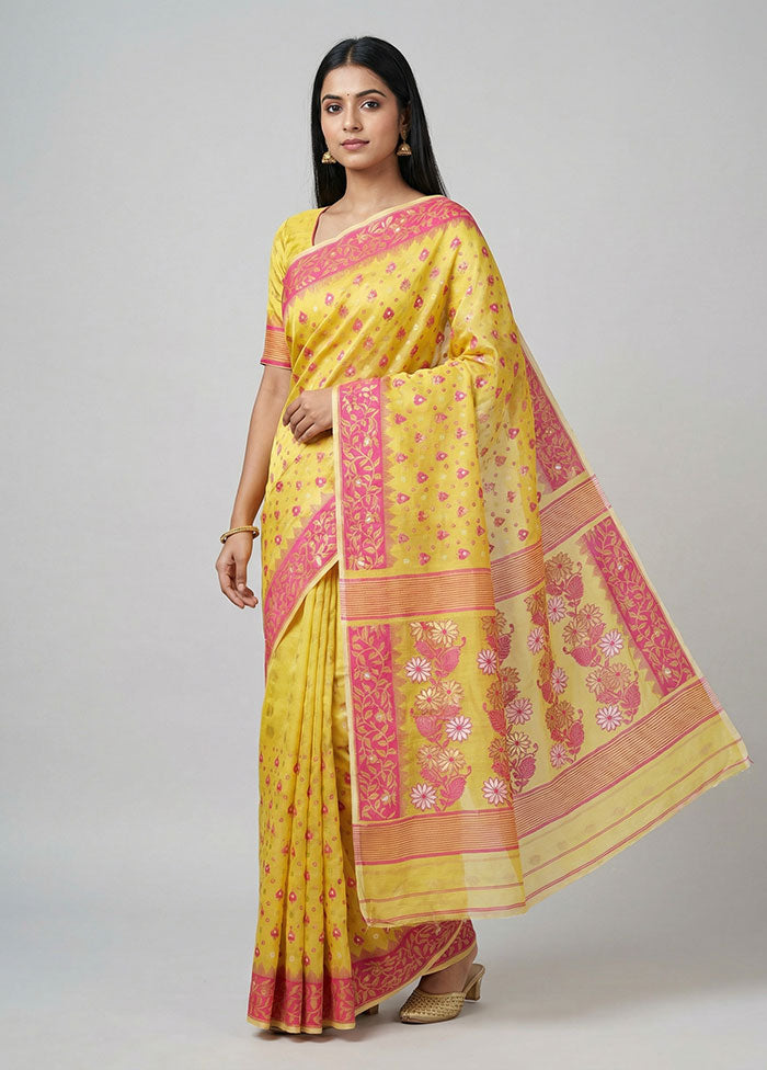 Yellow Jamdani Cotton Saree Without Blouse Piece