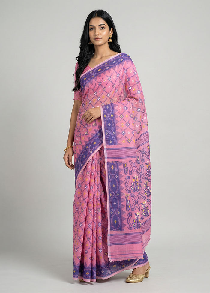 Pink Jamdani Cotton Saree Without Blouse Piece