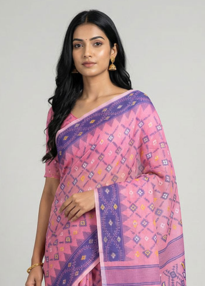 Pink Jamdani Cotton Saree Without Blouse Piece