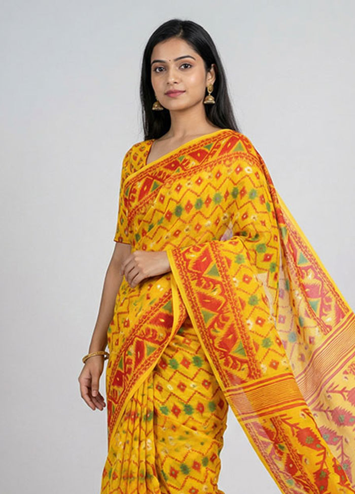 Yellow Jamdani Cotton Saree Without Blouse Piece