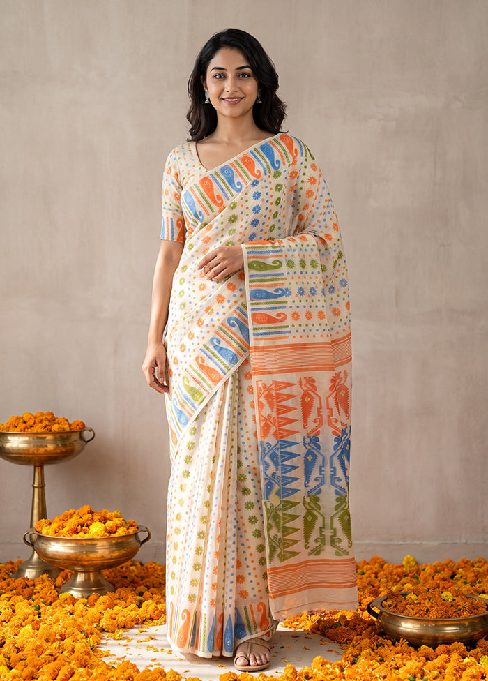 White Jamdani Cotton Saree Without Blouse Piece