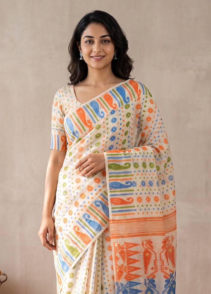 White Jamdani Cotton Saree Without Blouse Piece