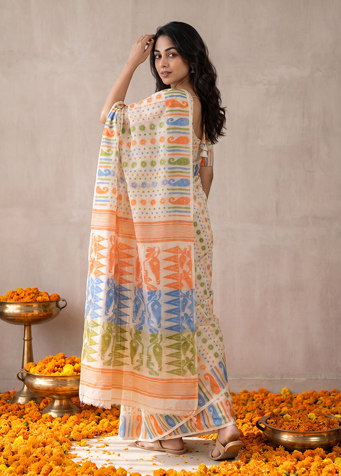 White Jamdani Cotton Saree Without Blouse Piece