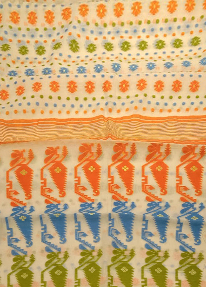 White Jamdani Cotton Saree Without Blouse Piece