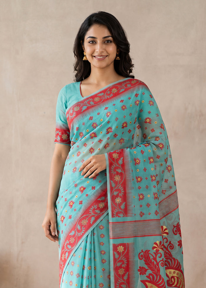 Blue Jamdani Cotton Saree Without Blouse Piece