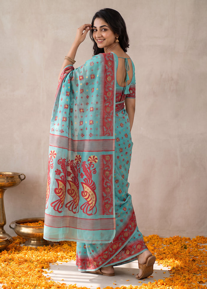 Blue Jamdani Cotton Saree Without Blouse Piece