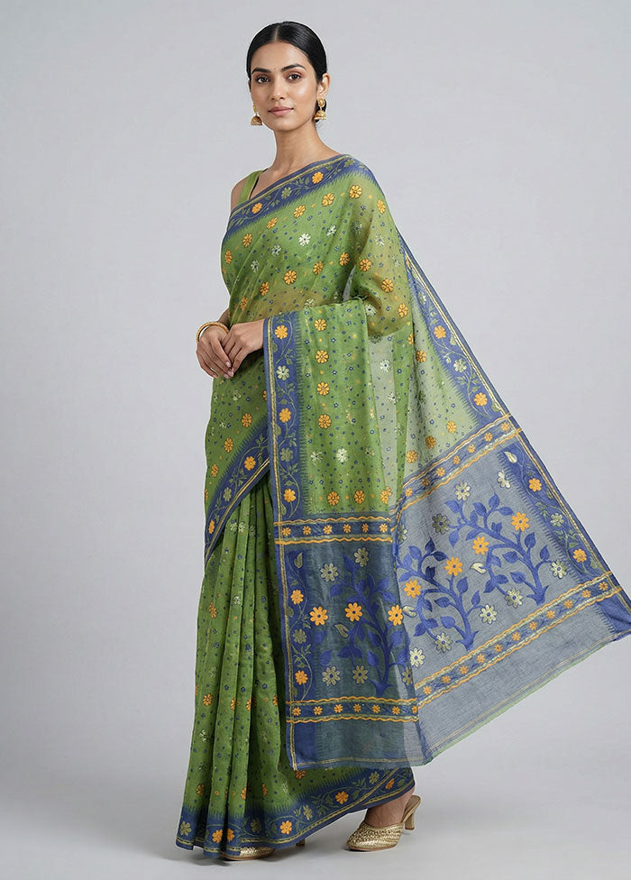 Blue Jamdani Cotton Saree Without Blouse Piece