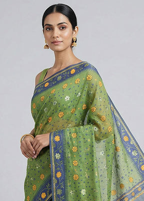 Blue Jamdani Cotton Saree Without Blouse Piece