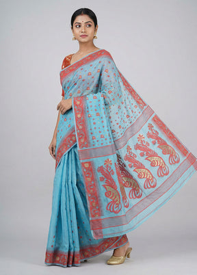 Blue Jamdani Cotton Saree Without Blouse Piece