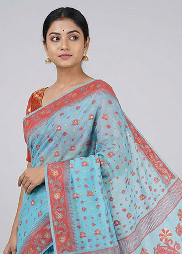 Blue Jamdani Cotton Saree Without Blouse Piece