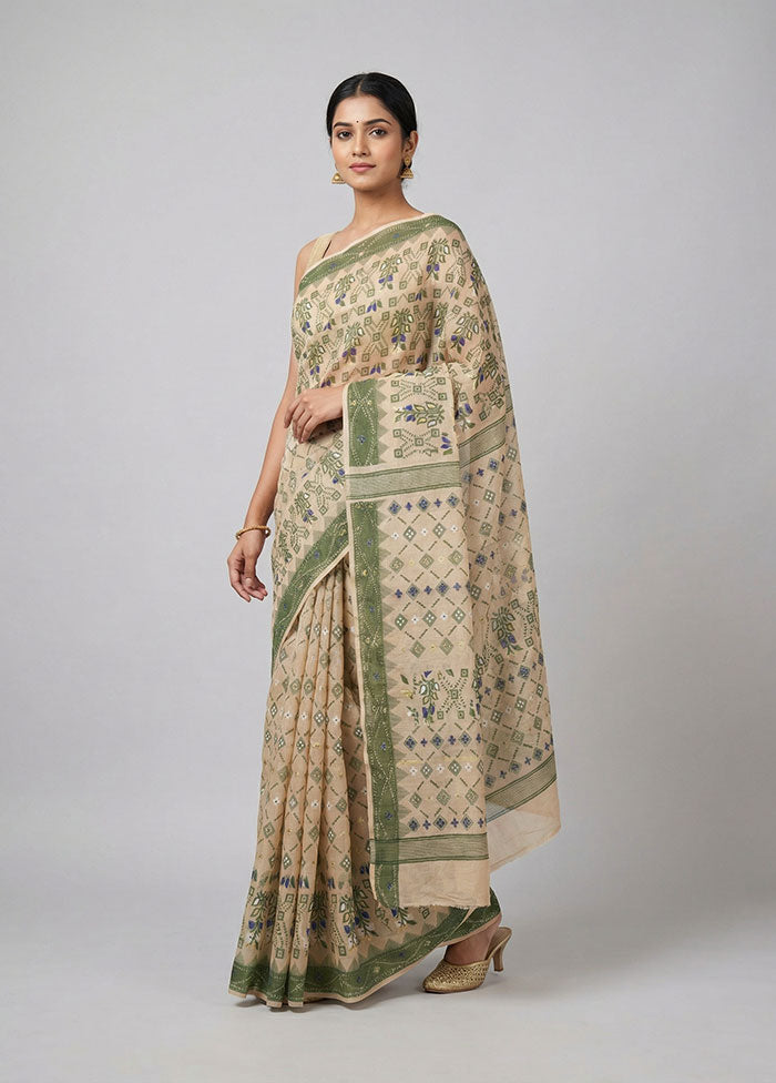 Cream Jamdani Cotton Saree Without Blouse Piece
