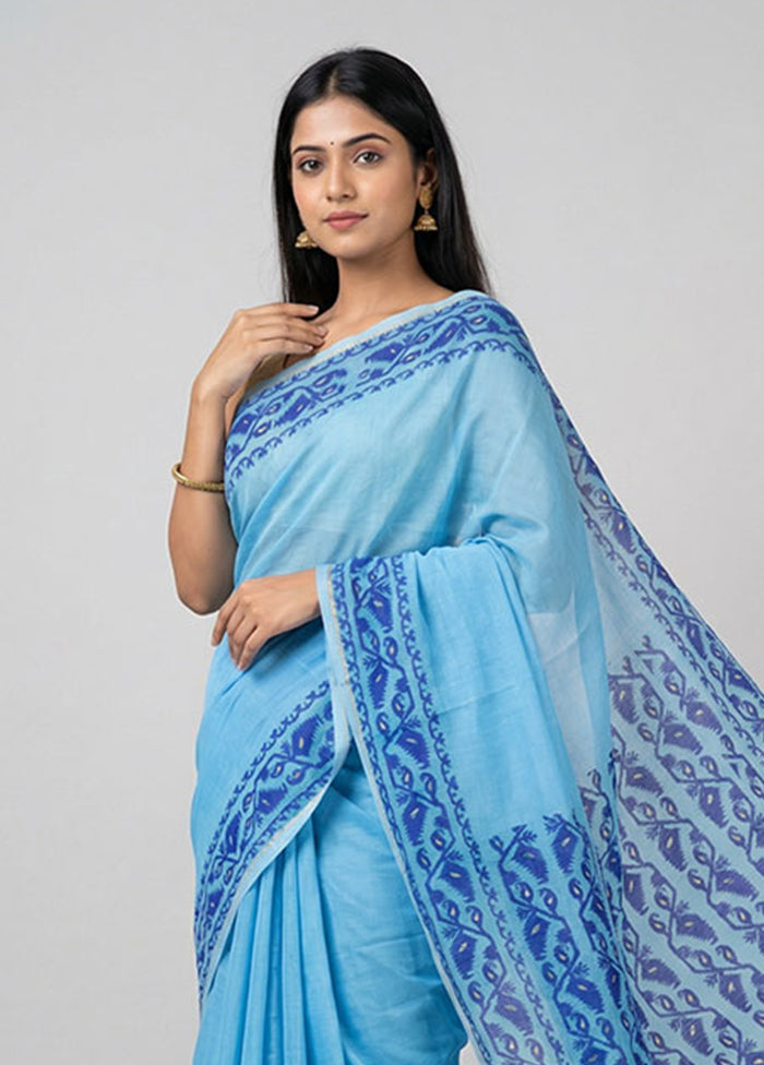 Blue Jamdani Cotton Saree Without Blouse Piece