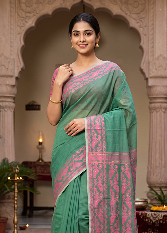 Green Jamdani Cotton Saree Without Blouse Piece