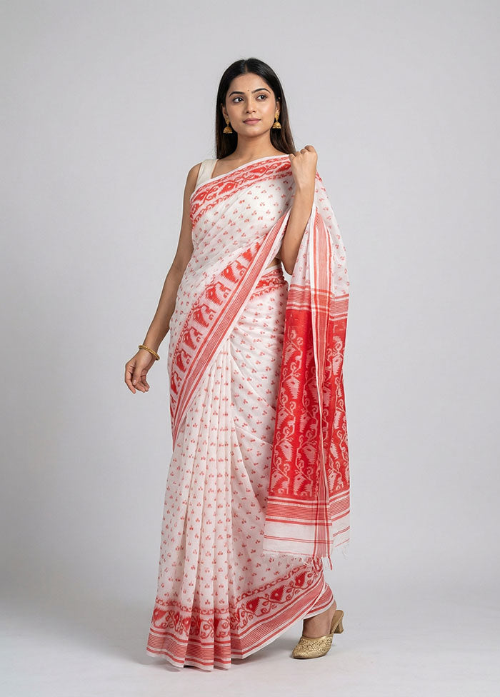 White Jamdani Cotton Saree Without Blouse Piece