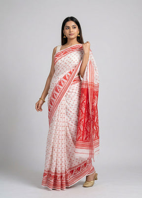 White Jamdani Cotton Saree Without Blouse Piece