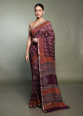 Purple Chanderi Cotton Saree With Blouse Piece