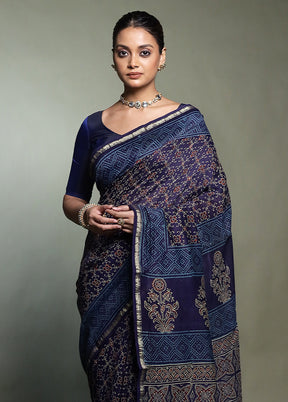 Blue Chanderi Cotton Saree With Blouse Piece