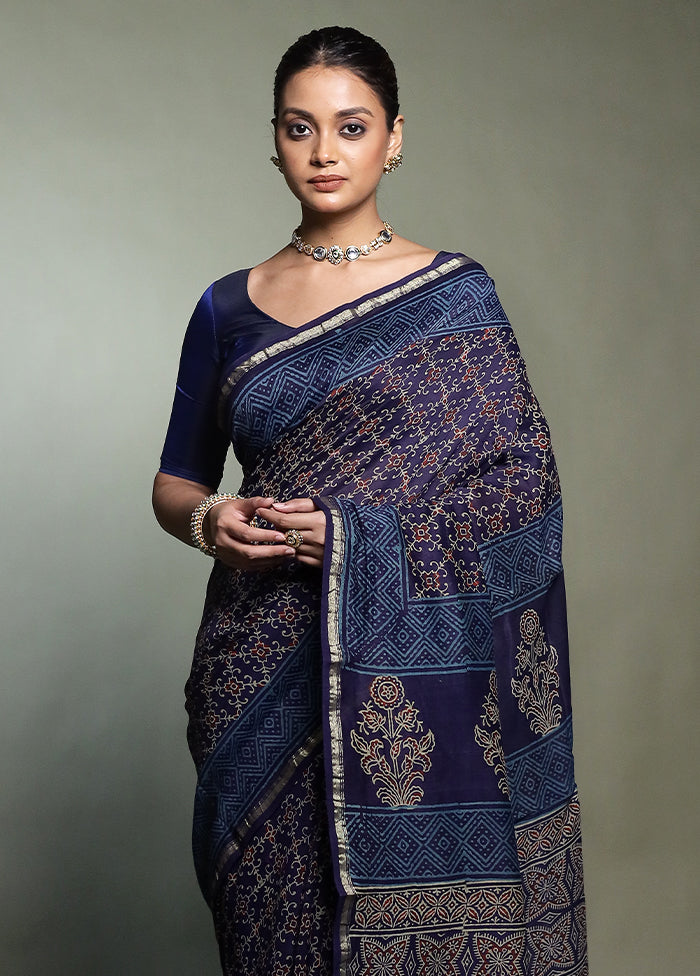 Blue Chanderi Cotton Saree With Blouse Piece