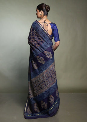 Blue Chanderi Cotton Saree With Blouse Piece