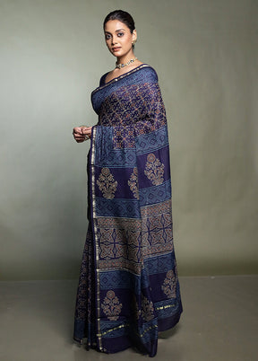 Blue Chanderi Cotton Saree With Blouse Piece