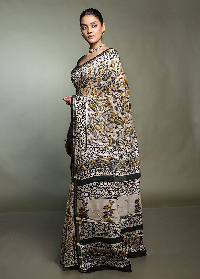 Cream Chanderi Cotton Saree With Blouse Piece