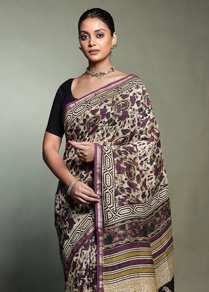 Cream Chanderi Cotton Saree With Blouse Piece